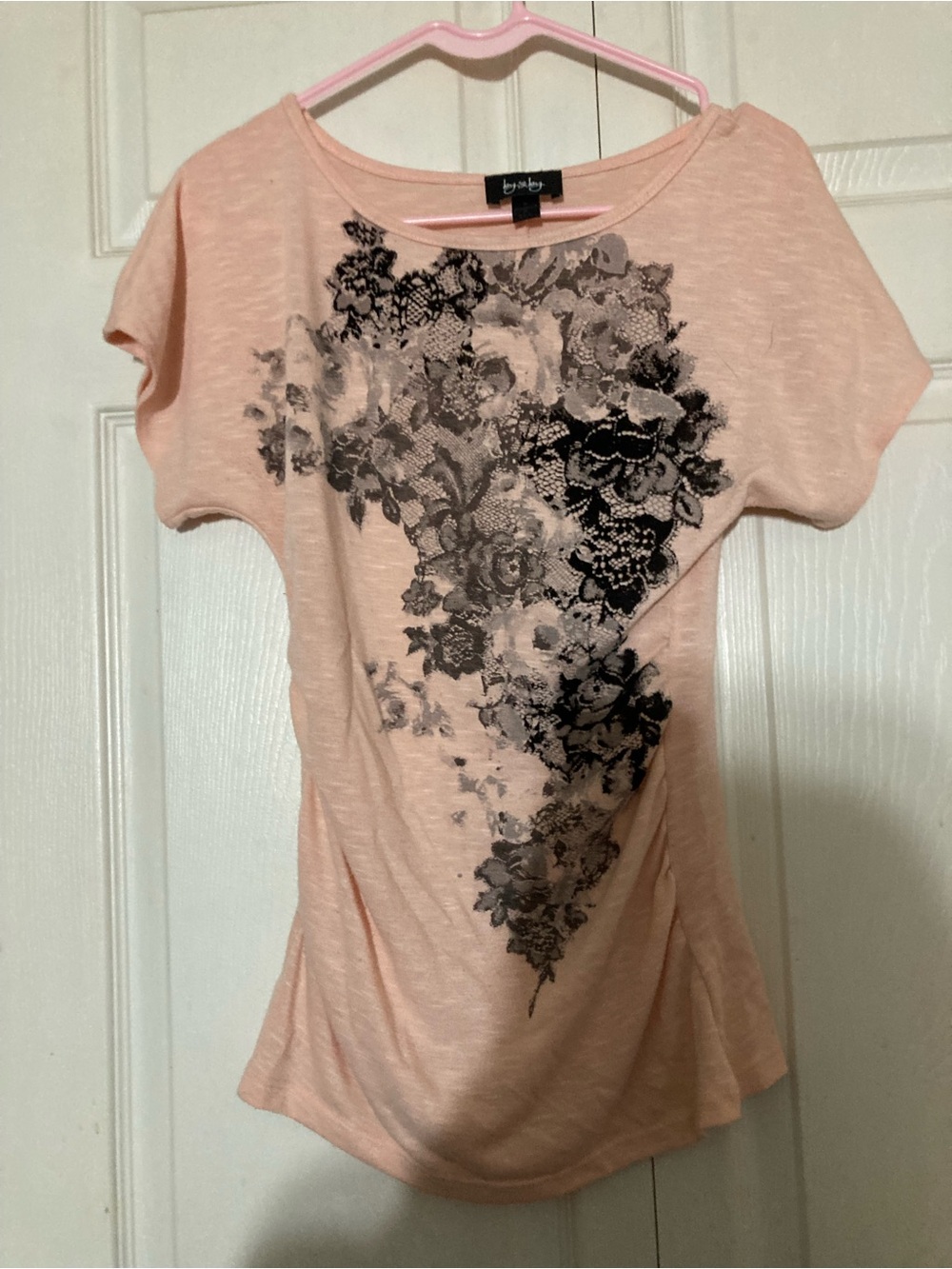 Pale Pink Short-Sleeve Tee with Black Floral Print, S